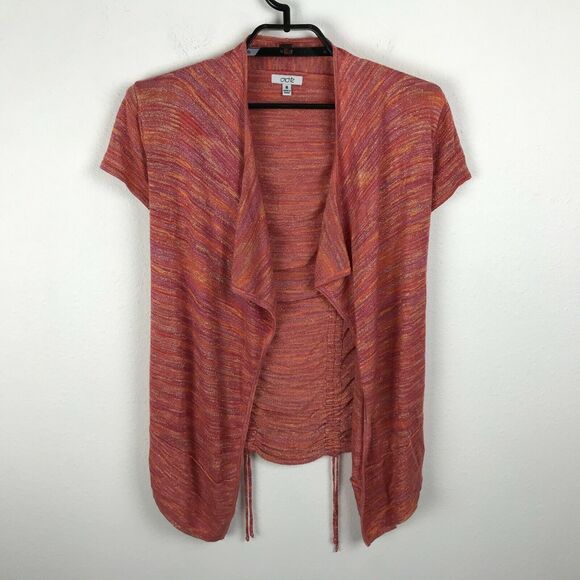 Cache Cardigan Sweater M Orange Pink Metallic Ruched Back Short Sleeve Striped - Picture 1 of 8